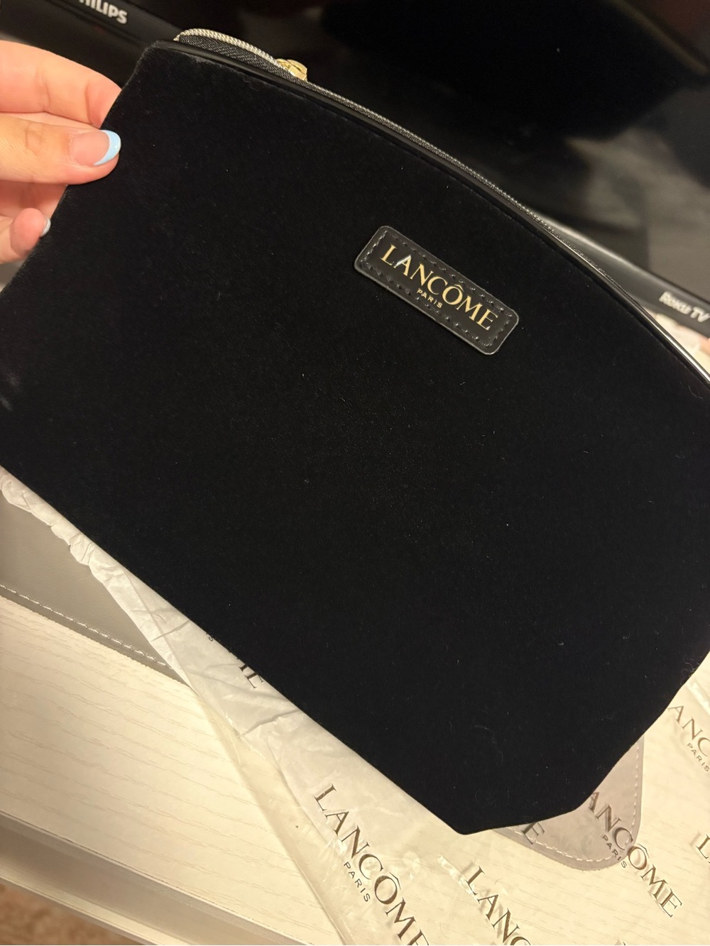 Lancome Black Velvet Cosmetic Bag with Gold Logo